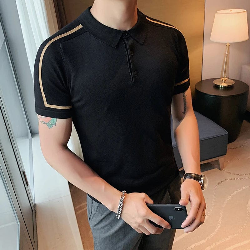 Men's Color Block Striped Knitted Polo Shirt – Slim Fit Short Sleeve Cotton Lapel Streetwear Tee