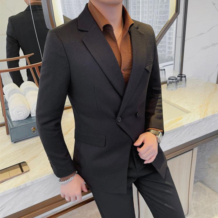 Men's Double-Breasted Tailored Blazer – Formal Business Jacket with Buckle for Banquets & Parties