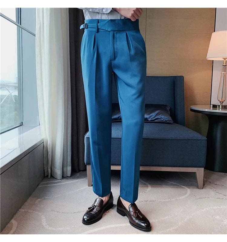 Men's Formal High-Waist Suit Pants with Belt Design - Slim Fit for Office, Social, or Wedding Events