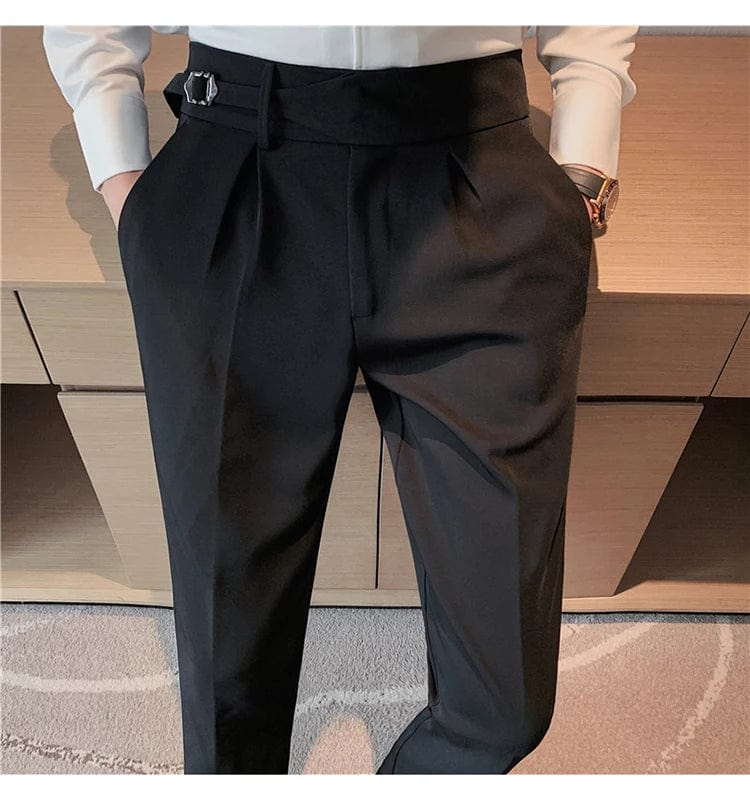 Men's Formal High-Waist Suit Pants with Belt Design - Slim Fit for Office, Social, or Wedding Events