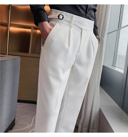 Men's Formal High-Waist Suit Pants with Belt Design - Slim Fit for Office, Social, or Wedding Events