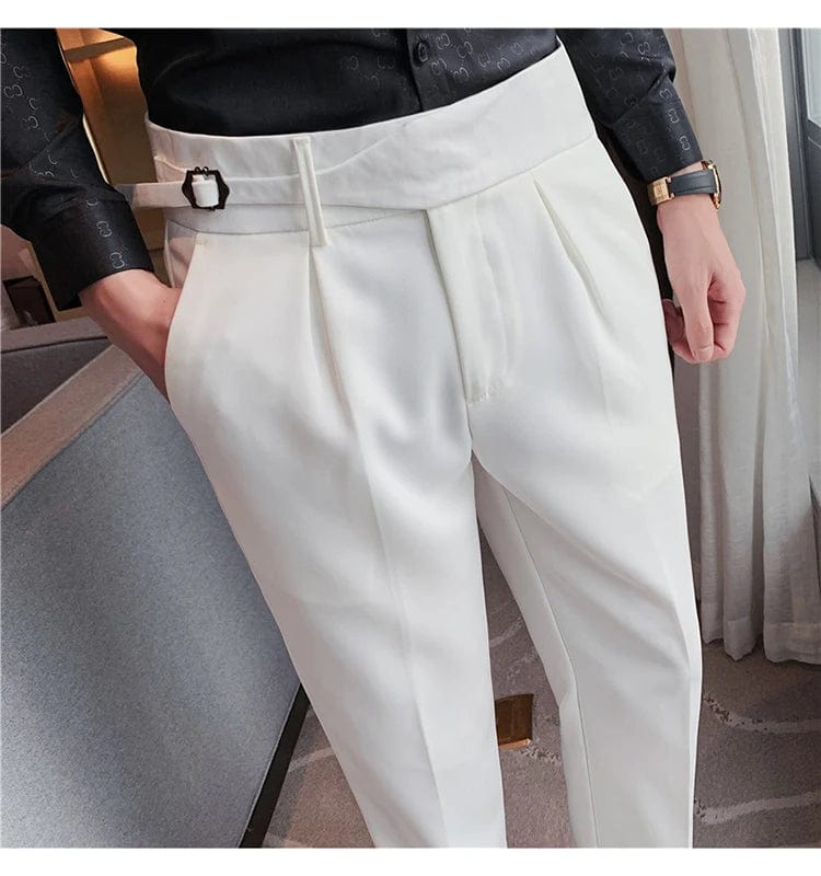 Men's Formal High-Waist Suit Pants with Belt Design - Slim Fit for Office, Social, or Wedding Events
