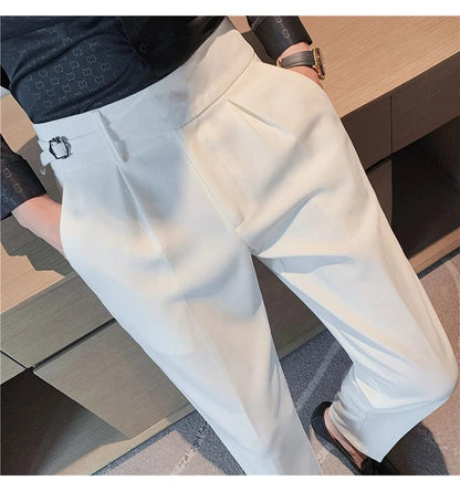 Men's Formal High-Waist Suit Pants with Belt Design - Slim Fit for Office, Social, or Wedding Events