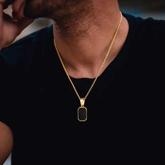 Men's Geometric Square Necklace: Stylish Gold Tone, Black Enamel Rectangle Pendant on Rope Box Chain Collar - Unique Gift Jewelry