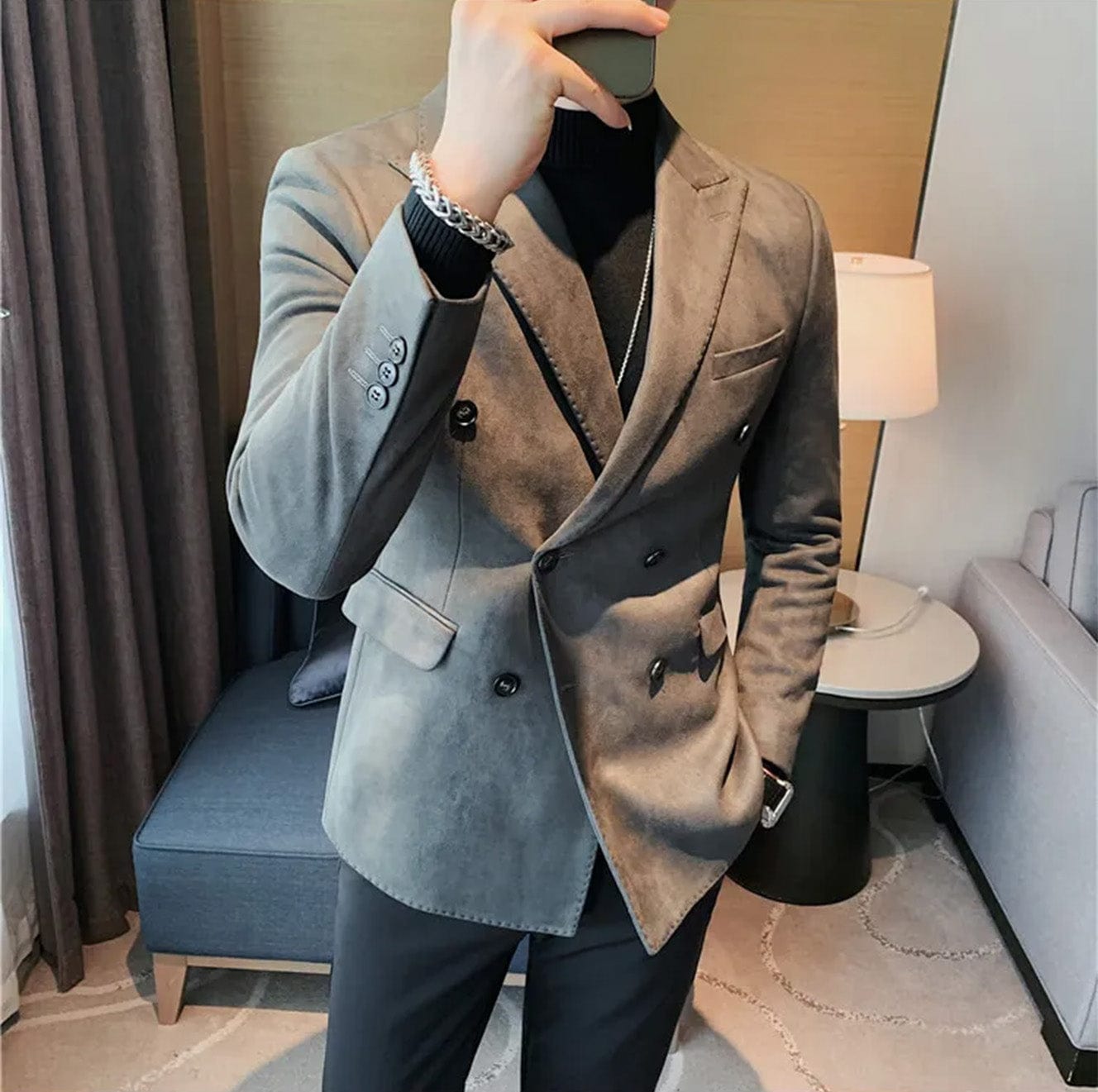 Men's High Quality Slim Fit Suit Blazer Leather Fleece Jacket
