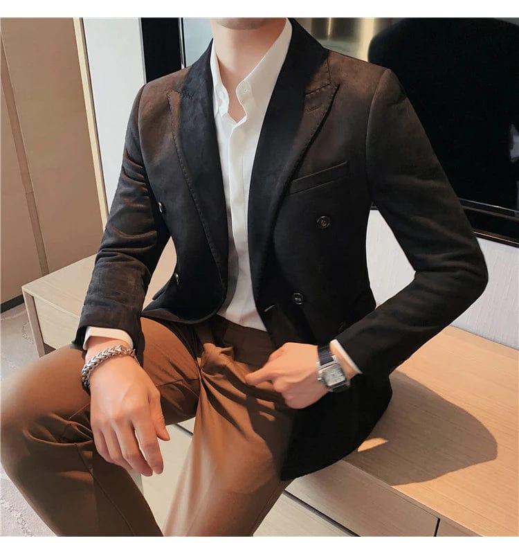 Men's High Quality Slim Fit Suit Blazer Leather Fleece Jacket