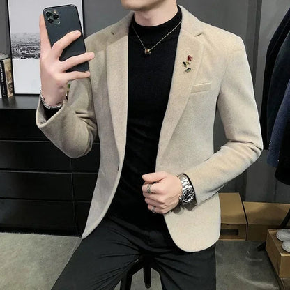 Men's Korean Version Personality Popular Autumn Winter Fur Warm Jacket Single Western Trend Thickened Small Suit Blazers Coat