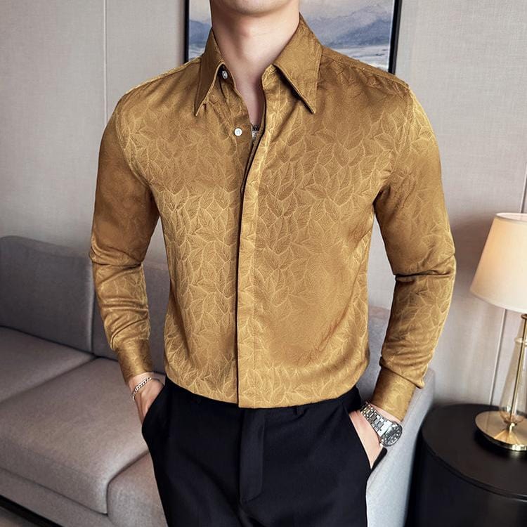 Men's Luxury Jacquard Slim Fit Long Sleeve Shirt – High-Quality Hidden Button Formal Business & Party Wear