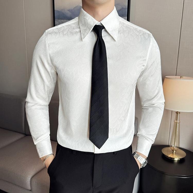 Men's Luxury Jacquard Slim Fit Long Sleeve Shirt – High-Quality Hidden Button Formal Business & Party Wear