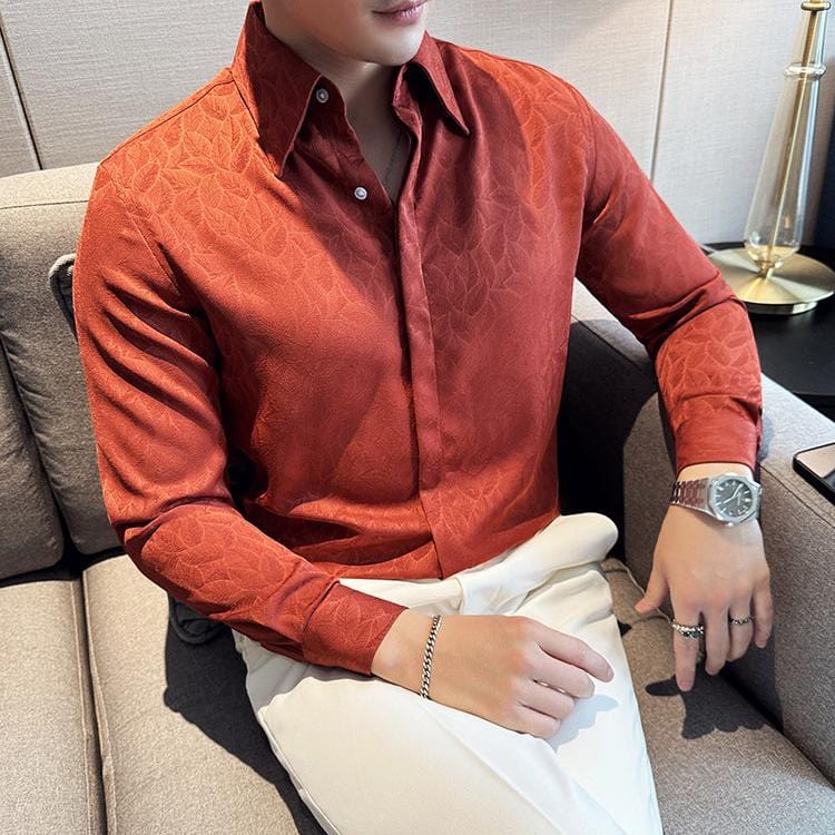 Men's Luxury Jacquard Slim Fit Long Sleeve Shirt – High-Quality Hidden Button Formal Business & Party Wear