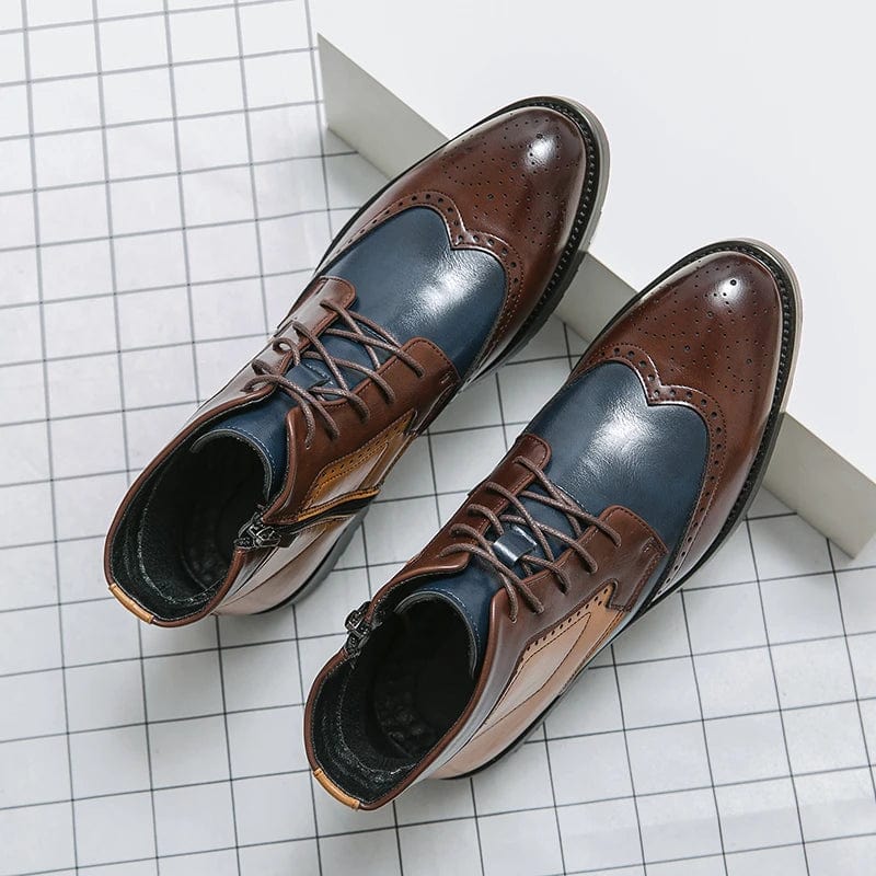 Men's Luxury Leather Ankle Boots | British Style Mixed Color Brogue Designer Business Boots