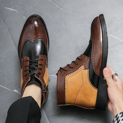 Men's Luxury Leather Ankle Boots | British Style Mixed Color Brogue Designer Business Boots