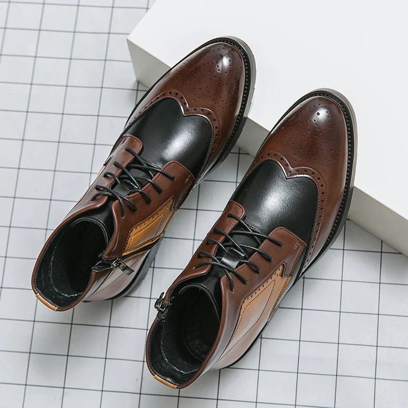 Men's Luxury Leather Ankle Boots | British Style Mixed Color Brogue Designer Business Boots