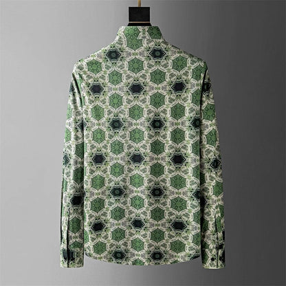 Men's Printed Geometric Pattern Shirt: Long Sleeve Slim Fit for Casual, Business, and Party Dressing