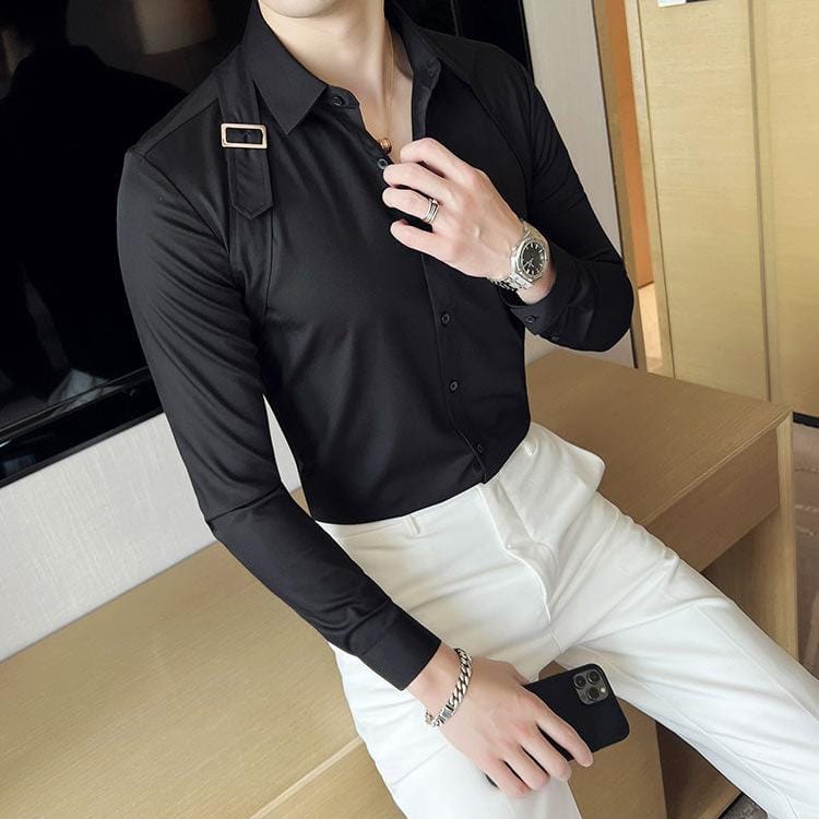 Men's Slim Fit Long Sleeve Shirt with Strap Detail – Casual Dress Shirt for Stylish Looks