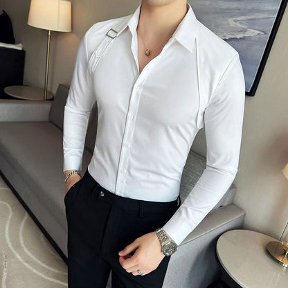 Men's Slim Fit Long Sleeve Shirt with Strap Detail – Casual Dress Shirt for Stylish Looks