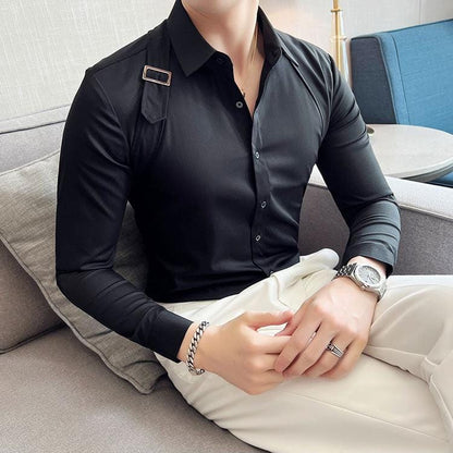 Men's Slim Fit Long Sleeve Shirt with Strap Detail – Casual Dress Shirt for Stylish Looks