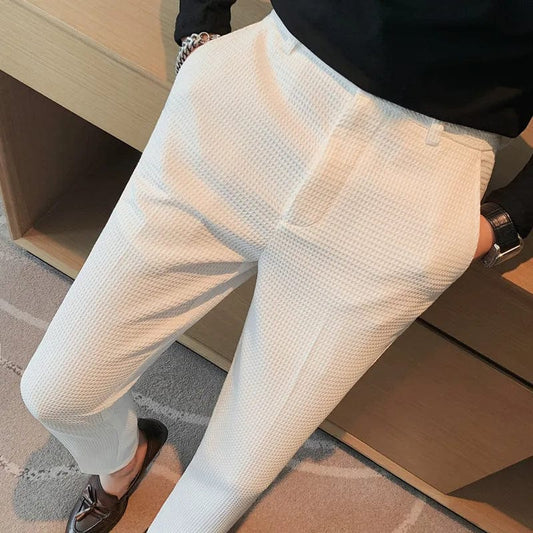 Men's Slim Fit Waffle Dress Pants: High-Quality Fashion Suit Trousers