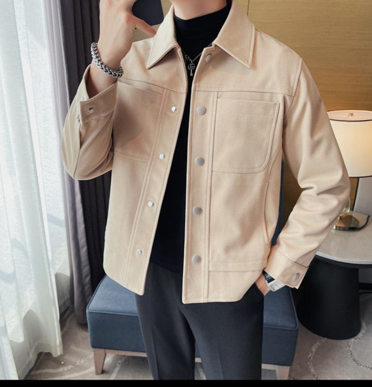 Men's Slim Fit Woolen Jacket – Casual Lapel Cropped Coat for Fashion & Streetwear