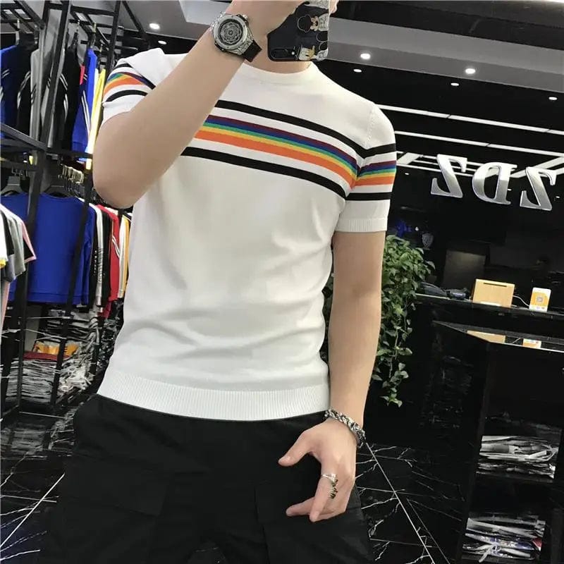 Men's Stretch Knit Patchwork Striped T-Shirt – Casual Short Sleeve O-Neck Streetwear Top