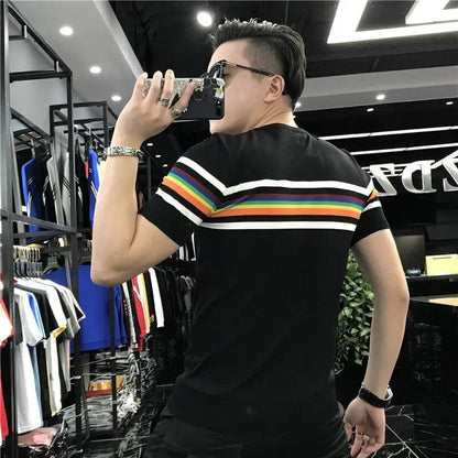 Men's Stretch Knit Patchwork Striped T-Shirt – Casual Short Sleeve O-Neck Streetwear Top