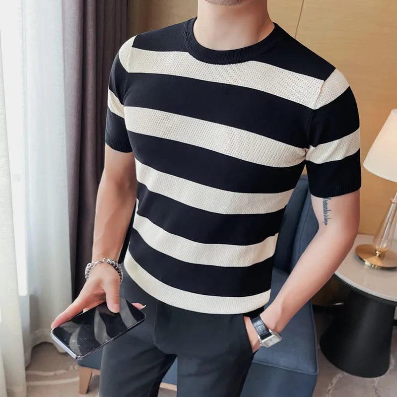 Men's Summer Stripe Plaid Knit T-shirt - Casual Breathable Streetwear