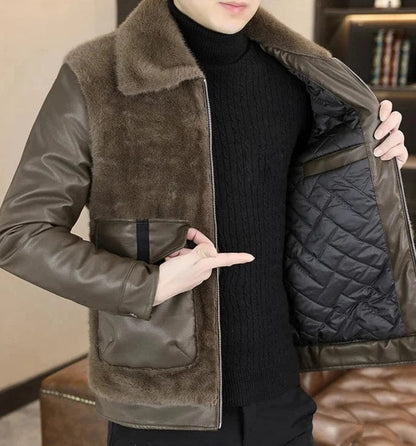 Men's Winter Faux Fur Lined Leather Jacket – Thick Warm Casual Business Overcoat