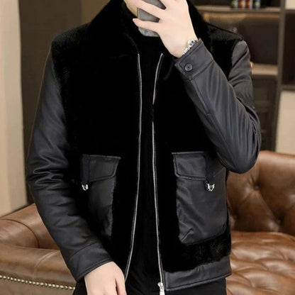 Men's Winter Faux Fur Lined Leather Jacket – Thick Warm Casual Business Overcoat