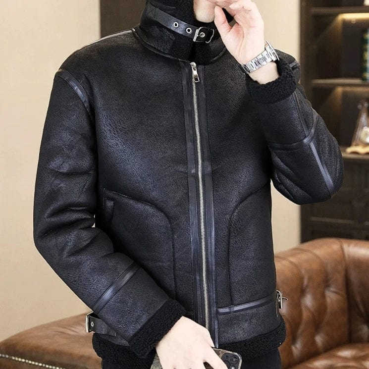 Men's Winter Motorcycle Leather Jacket – Plus Velvet Padded, Fur-Lined Warm Casual Overcoat