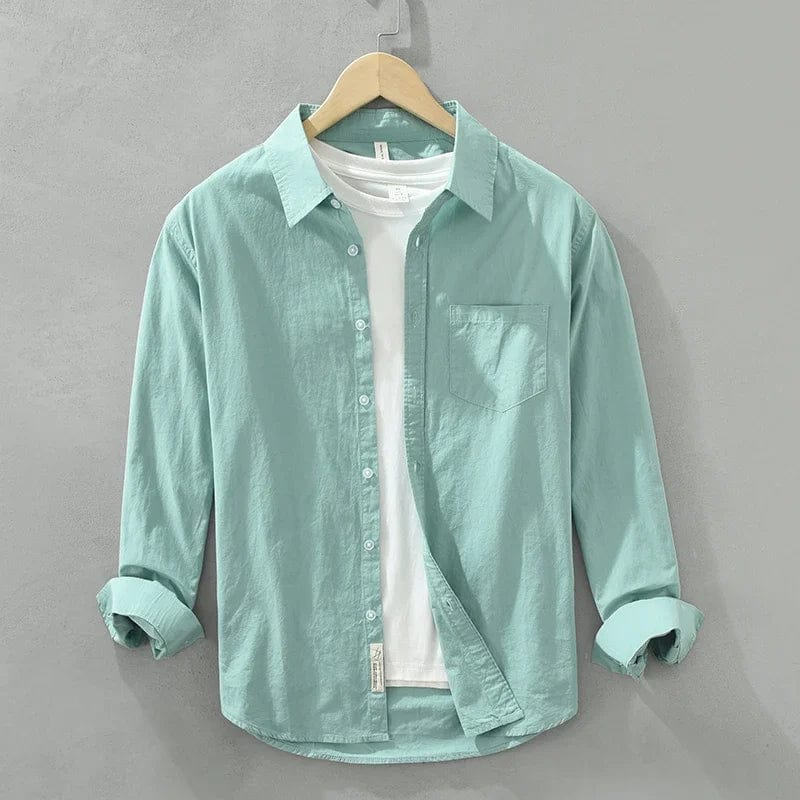 Mint Green / XL Men's Solid Pure Cotton Long Sleeve Shirt | Turn-Down Collar Casual Shirt