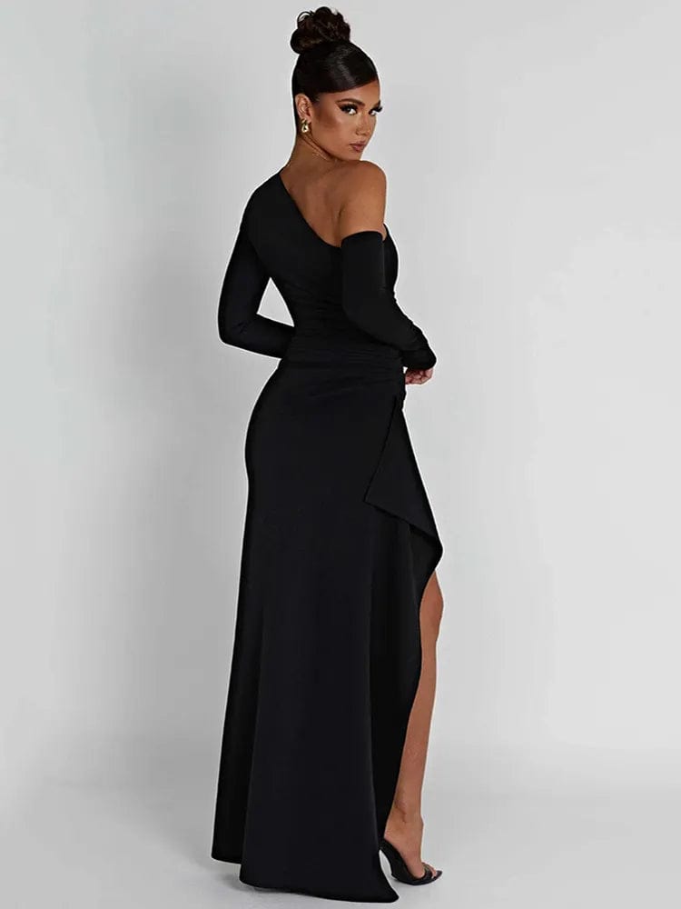 Seductive Elegance: Thigh-High Split Maxi Dress with Oblique Shoulder ...