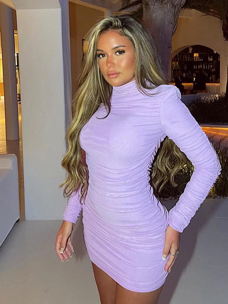 Mozision Turtleneck Long Sleeve Ruched Mini Dress Women 2023 Autumn Winter New Two Layer Mesh Bodycon Sexy Dress Femme Vestidos