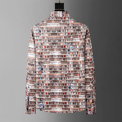 Multi-Colour Bookshelf Printed Long Sleeve Men's Shirt: Casual Fashion for Social Events and Streetwear