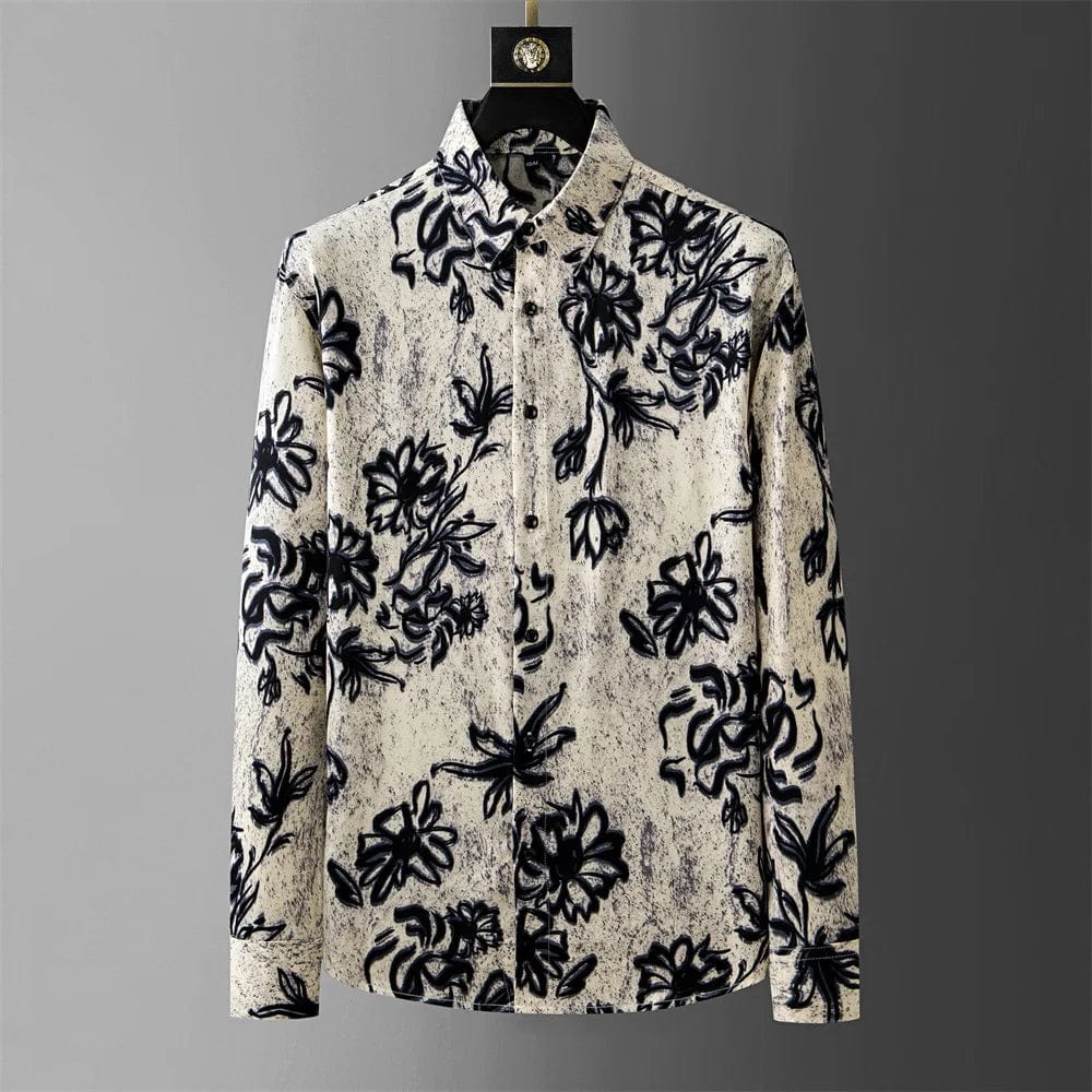 nai cha / L British Style Floral Shirt for Men Autumn Long Sleeved Loose Casual Shirts Fashion Business Social Party Tuxedo Blouse M-4XL