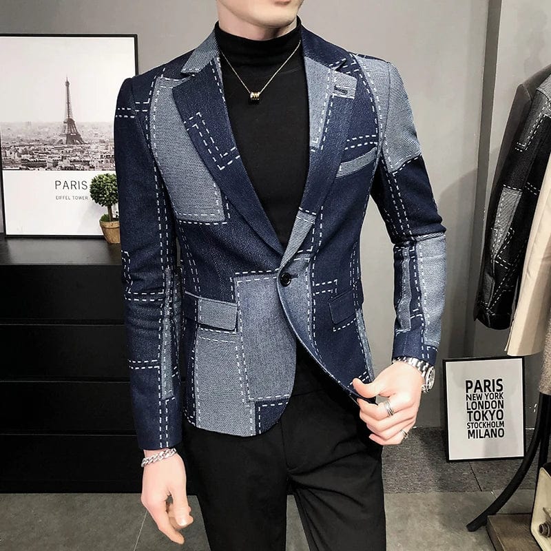 Navy Blue / M    50-60kg Boutique Men's Fashion Business Casual Gentleman Splicing Korean Version of British Style Wedding Elegant Host Cowboy Blazer