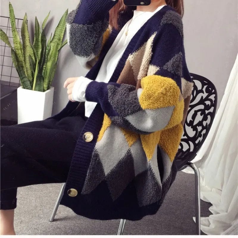 Navy Blue / S 45-52.5KG Relaxed Elegance: Women's Loose Knitted Slouchy Style Cardigan