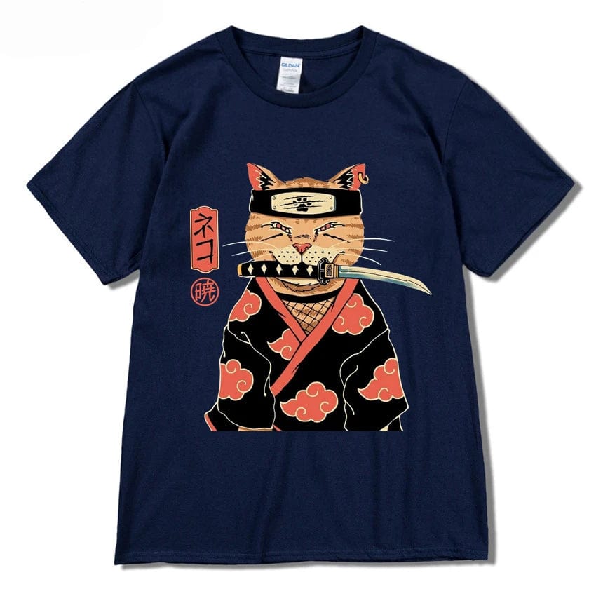 Navy Blue / S Hip Hop Streetwear Japanese Kanji Harajuku Funny Warrior Cat T-Shirt Summer Short Sleeve Tops Tees Cotton Print Loose Tshirt