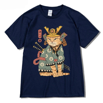 Navy Blue / S Men Hip Hop T Shirt Streetwear Japanese Kanji Harajuku Funny Warrior Cat T-Shirt Summer Short Sleeve Tee Cotton Print Swag shirt