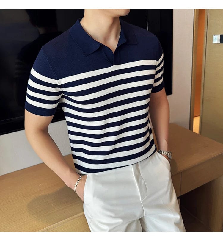 Navy Blue / XS British Men's Slim Fit Polo T-shirt with Contrasting Stripes - Summer Knit Casual Lapel Style