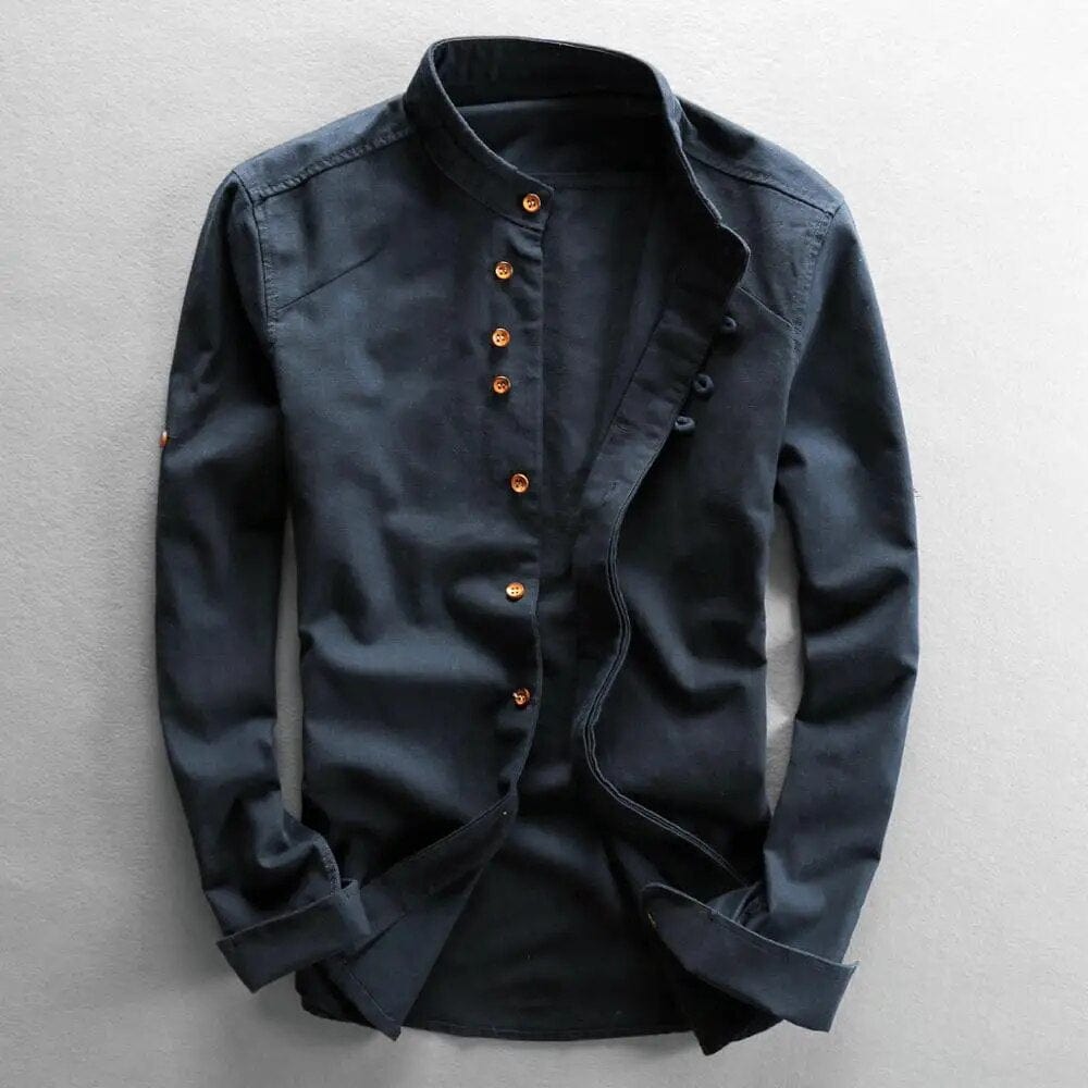 navy / XS Japanese-Inspired Cotton Linen Shirt for Men: Effortlessly Stylish, Slim Fit, and Casual Elegance with Stand Collar and Single-Breasted Design.