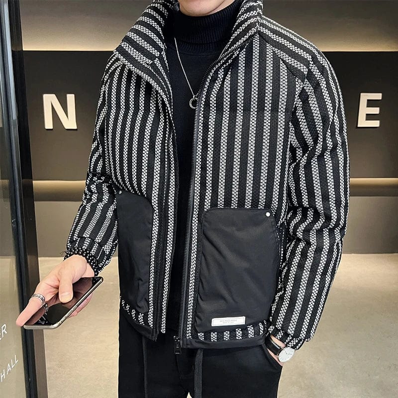 New Coat Winter Down Jacket Male Brief Paragraph Collar Big-Bag Vertical Stripe  Eiderdown Leisure Men Warm Zipper Feather Coat