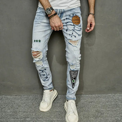 New Stylish Men Holes Embroidery Skinny Pencil Jeans Pants Male High Street Slim Casual Denim Trousers