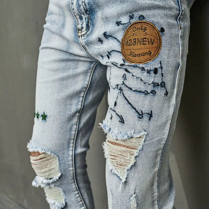 New Stylish Men Holes Embroidery Skinny Pencil Jeans Pants Male High Street Slim Casual Denim Trousers