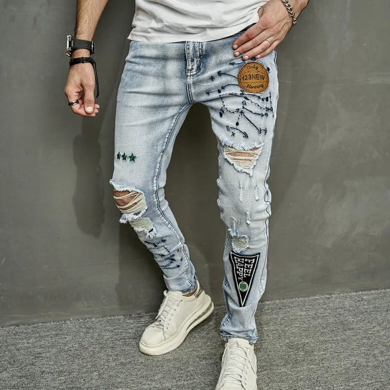 New Stylish Men Holes Embroidery Skinny Pencil Jeans Pants Male High Street Slim Casual Denim Trousers