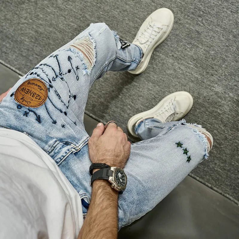 New Stylish Men Holes Embroidery Skinny Pencil Jeans Pants Male High Street Slim Casual Denim Trousers