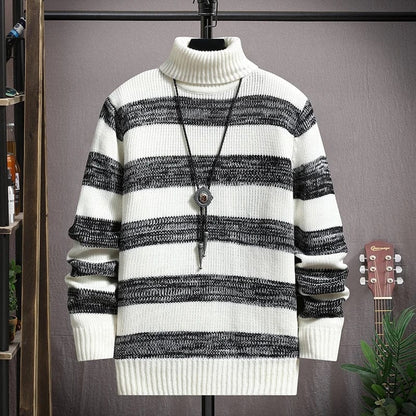 New Turtleneck Sweater Pullover Men Fashion Striped Knitted Slim Fit Knittwear Sweater Mens Casual Sweaters Winter Pullovers