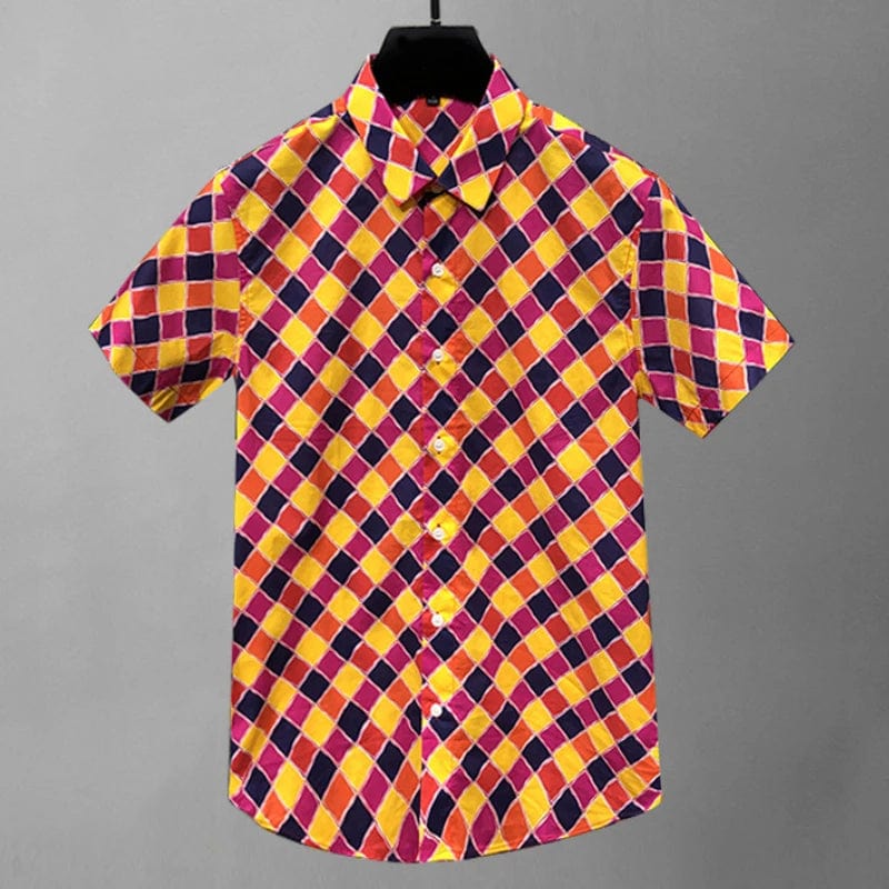 Orange Red Check / S Men's Diamond Check Short Sleeve Shirt: Fashionable Casual Dress Shirt for Business, Formal, Social, Banquet & Party