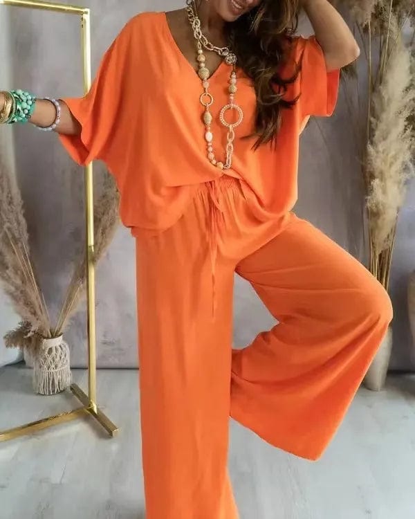 Orange / S 2023 Long Pant Sets Summer two piece set For Women V neck Bat Sleeve Casual Loose Wide-leg Pants 2 piece set solid color Outfits