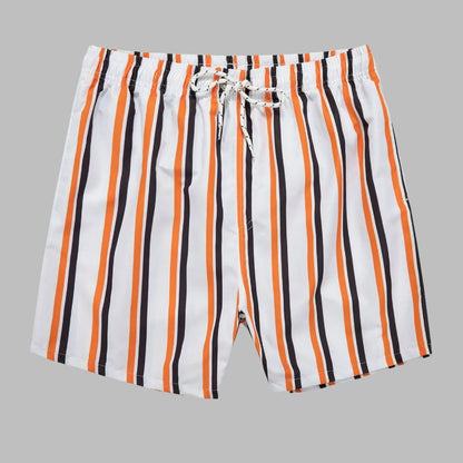 Orange White / 31-33 Waist Men's Striped Beach Shorts: Drawstring Swim Trunks, Surfing Boardshorts, Casual Summer Beachwear