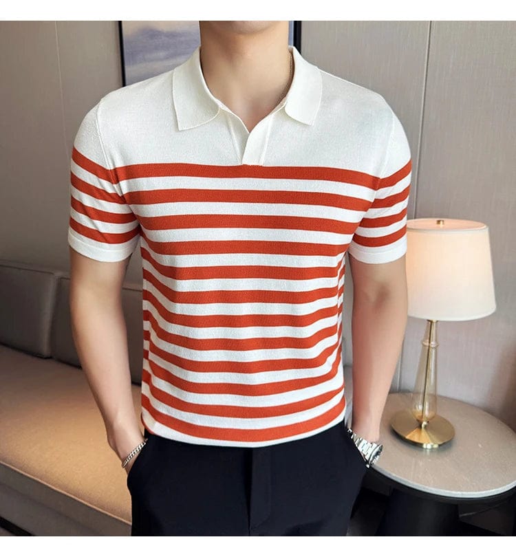 Orange / XS British Men's Slim Fit Polo T-shirt with Contrasting Stripes - Summer Knit Casual Lapel Style